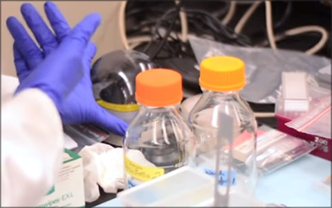 A gloved hand works with vials in a wet lab.