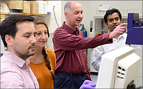 Kevin Yarema works with three students in the lab.