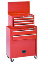 A large red toolbox is on a white background.