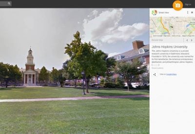 The photo shows a Google Maps view of the Homewood campus.