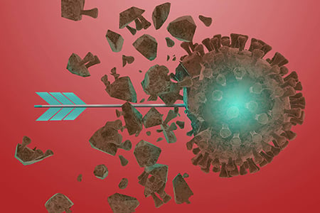 The image shows a drawing of the COVID-19 virus and an arrow.