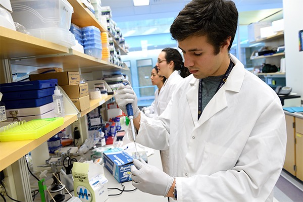 A male student is working in a wet lab and wearing a white lab coat.