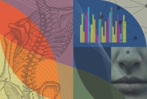 A computer rendering shows colorful images of a human spine, a bar chart, and a face.