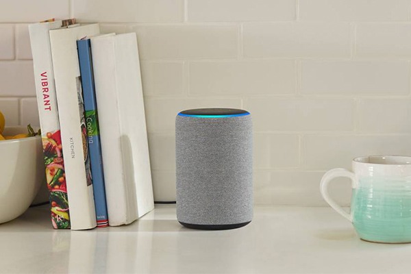 An Amazon Echo Plus sits on a counter with a mug and books.