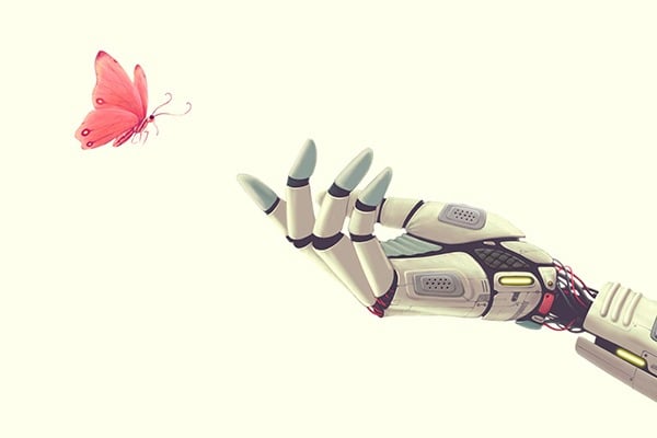 A robotic hand reaches out for a butterfly.