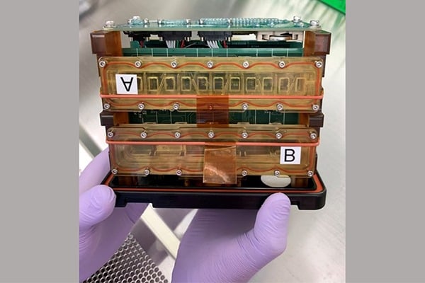 Tissue chambers loaded into a plate habitat designed for research aboard the International Space Station.