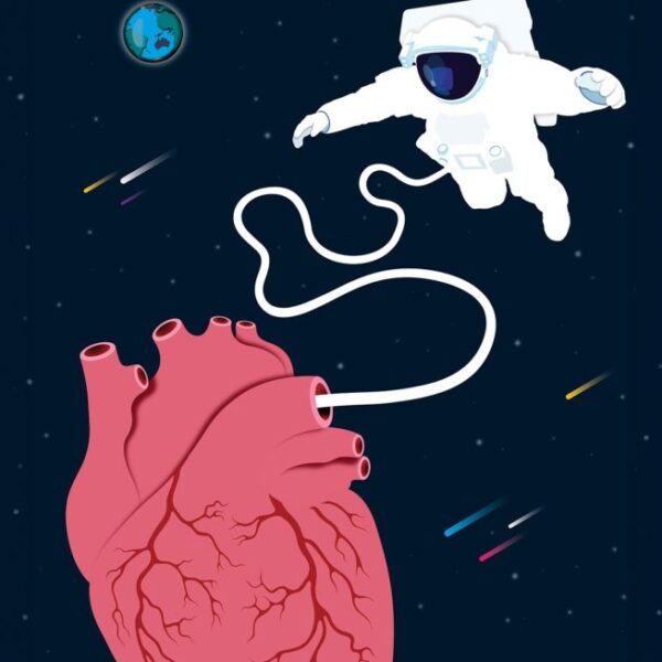 An illustration shows an astronaut tethered to a human heart in space.