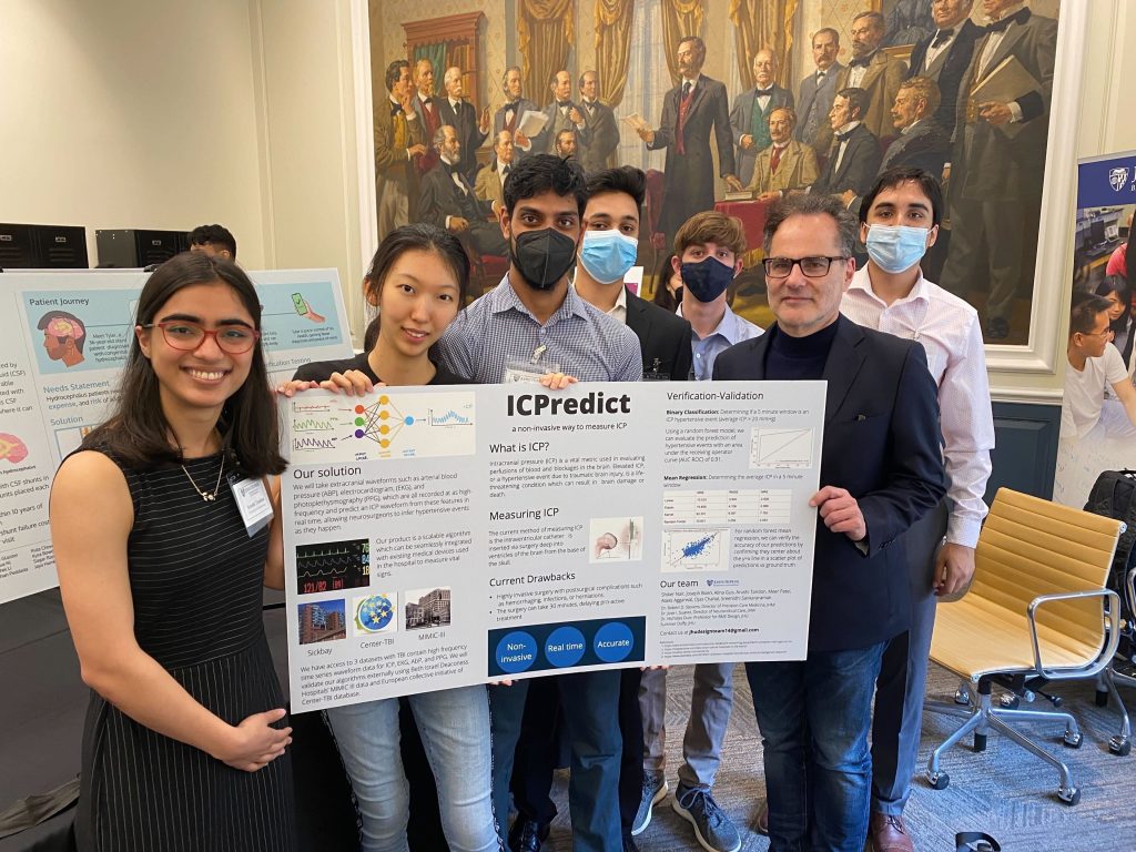 Biomedical engineering students and Dr. Robert Stevens presenting ICPredict at Johns Hopkins BME Design Day (May 2022)