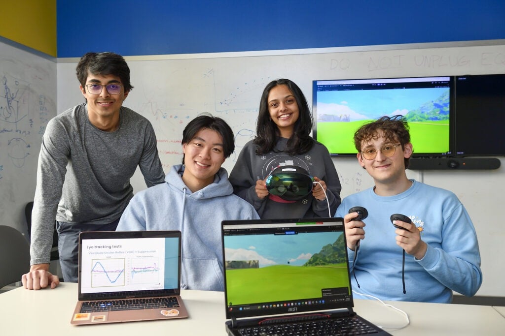 (L-R) Team members Divyansh (Dev) Lalwani, Edmund Tsou, Shalika Subramanian, and Arya Kazemnia with their virtual reality prototype