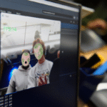 Students look at themselves on a computer screen using a software that maps their faces