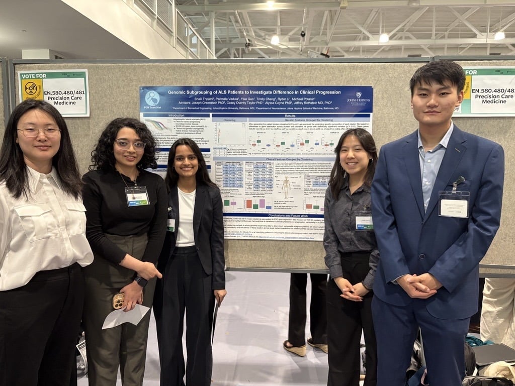 Students pose in front of their project poster.