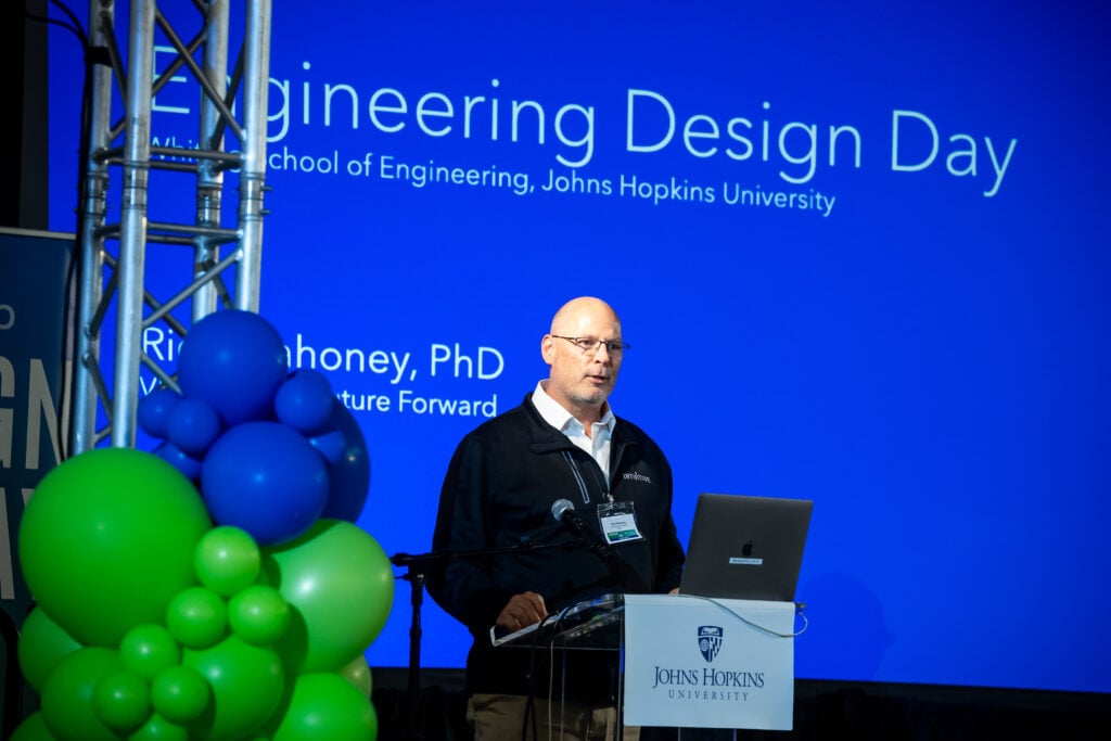 The keynote speaker presents on stage.