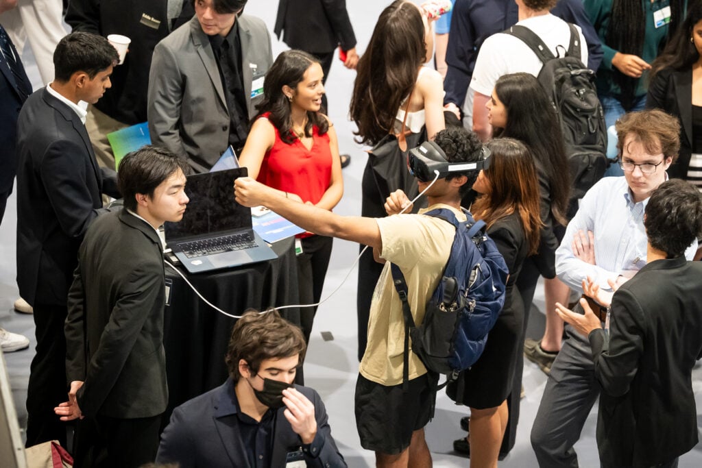 A student tests out a design with a virtual reality headset.