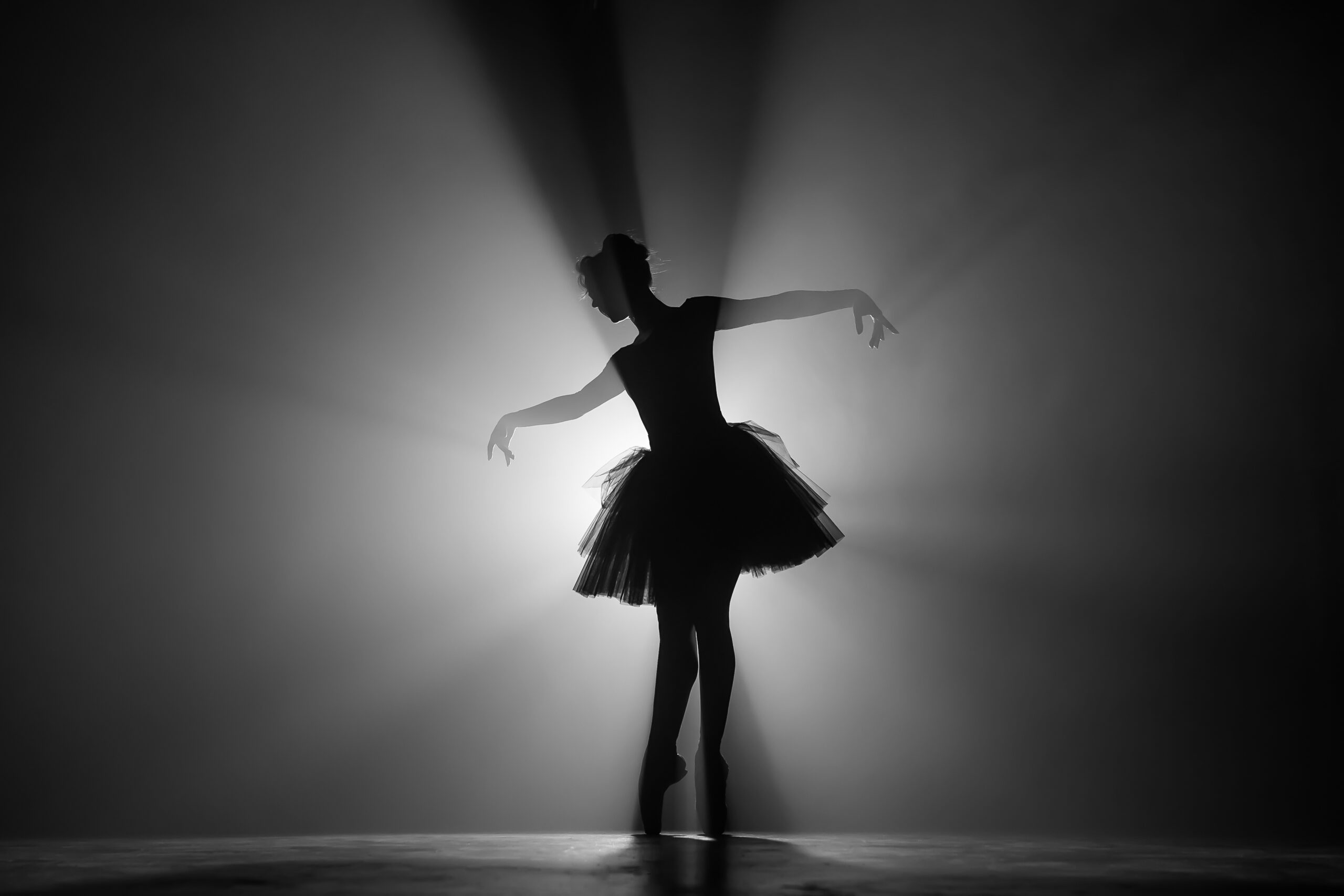 Professional ballerina dancing ballet in spotlights smoke on big stage