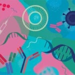 A colorful stylized illustration showing cells and DNA double helixes in pinks, blues, and greens.