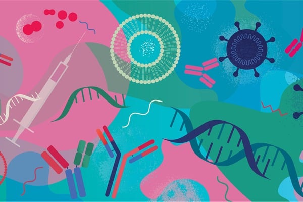 A colorful stylized illustration showing cells and DNA double helixes in pinks, blues, and greens.