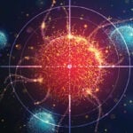 Abstract vertical illustration of targeting cancer cell made of glowing neon particles.