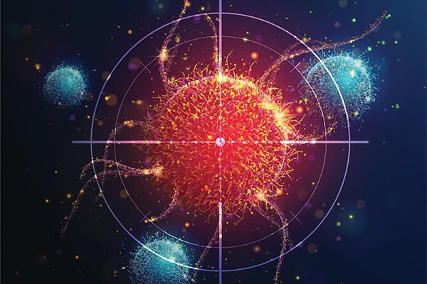 Abstract vertical illustration of targeting cancer cell made of glowing neon particles.